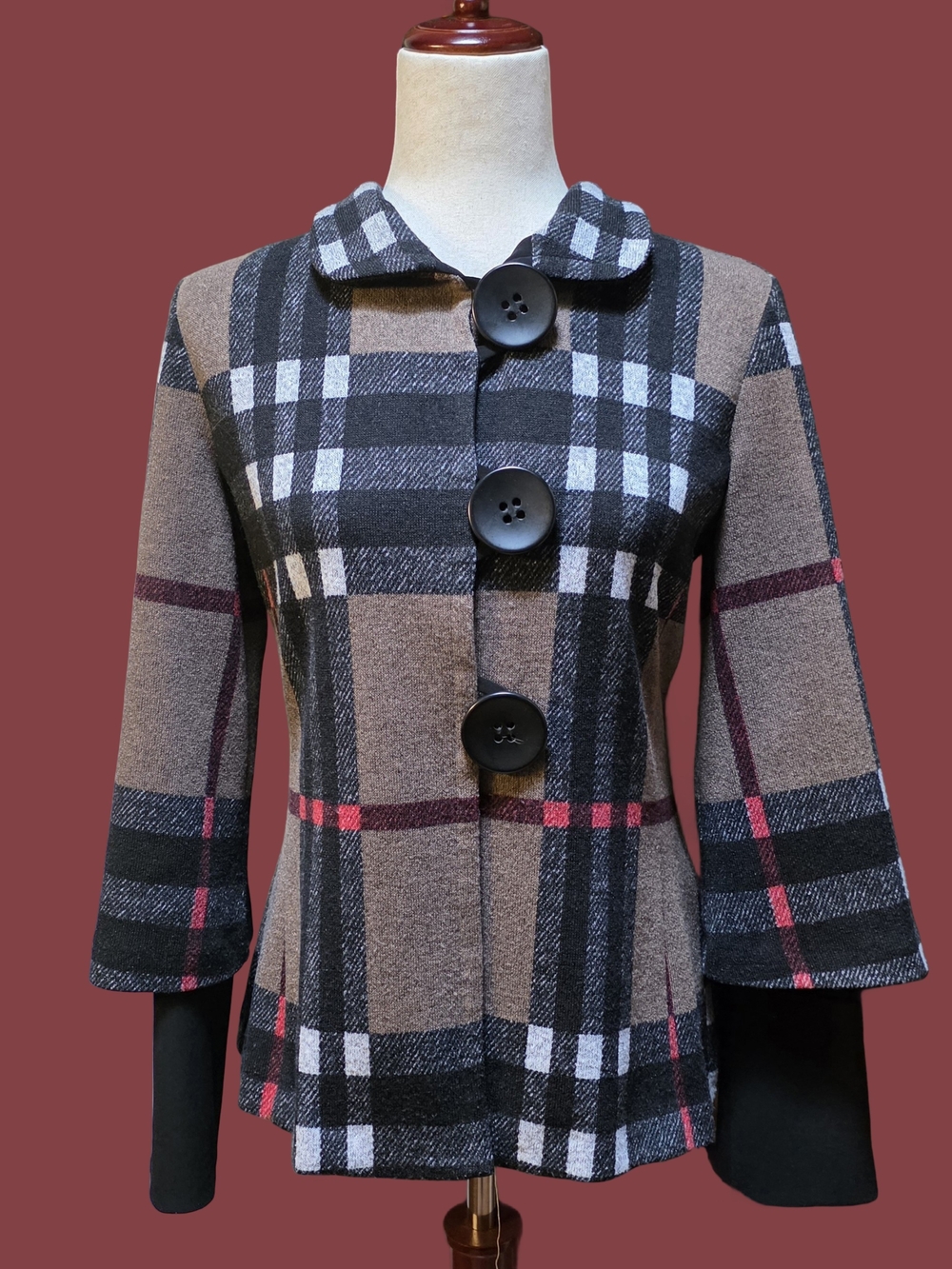 Joseph Ribkoff Black Multicolor Plaid Button Closure Coat